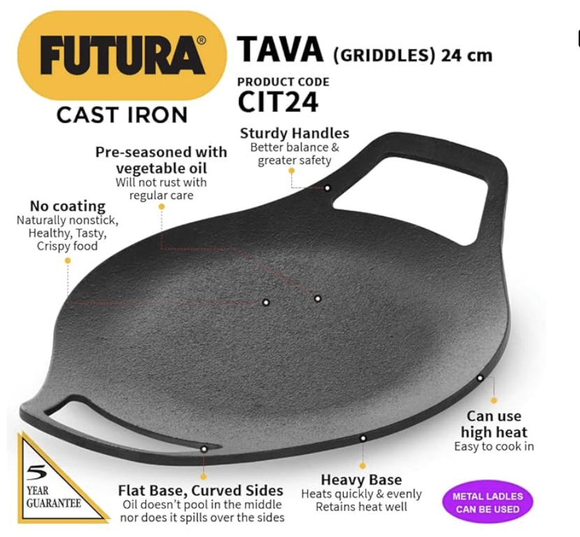 Hawkins Futura 24 cm Cast Iron Tava, Cast Iron Tawa for Roti, Cast Iron Cookware for Kitchen, Black (CIT24)