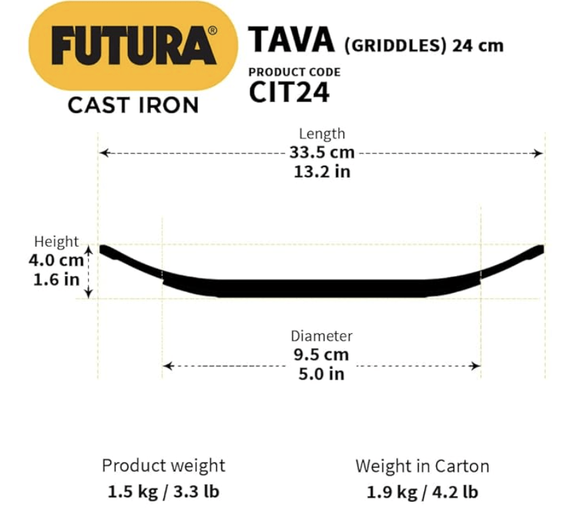 Hawkins Futura 24 cm Cast Iron Tava, Cast Iron Tawa for Roti, Cast Iron Cookware for Kitchen, Black (CIT24)
