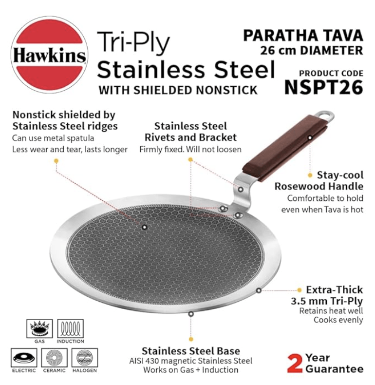 Hawkins 26 cm Paratha Tava, Triply Stainless Steel Shielded Nonstick Tawa with Rosewood Handle, Honeycomb Non Stick Induction Tawa, Silver (NSPT26)