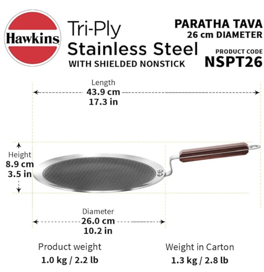 Hawkins 26 cm Paratha Tava, Triply Stainless Steel Shielded Nonstick Tawa with Rosewood Handle, Honeycomb Non Stick Induction Tawa, Silver (NSPT26)