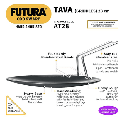 Hawkins Futura 28 cm Tava, Hard Anodised Tawa with Stainless Steel Handle, Black (AT28)