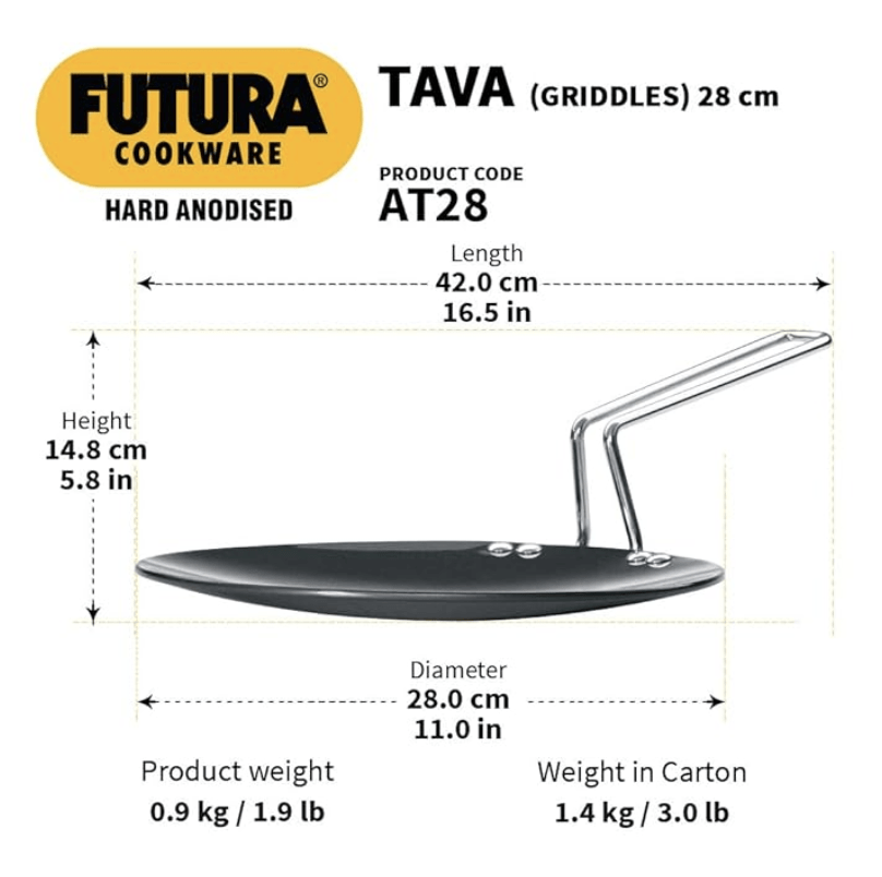 Hawkins Futura 28 cm Tava, Hard Anodised Tawa with Stainless Steel Handle, Black (AT28)