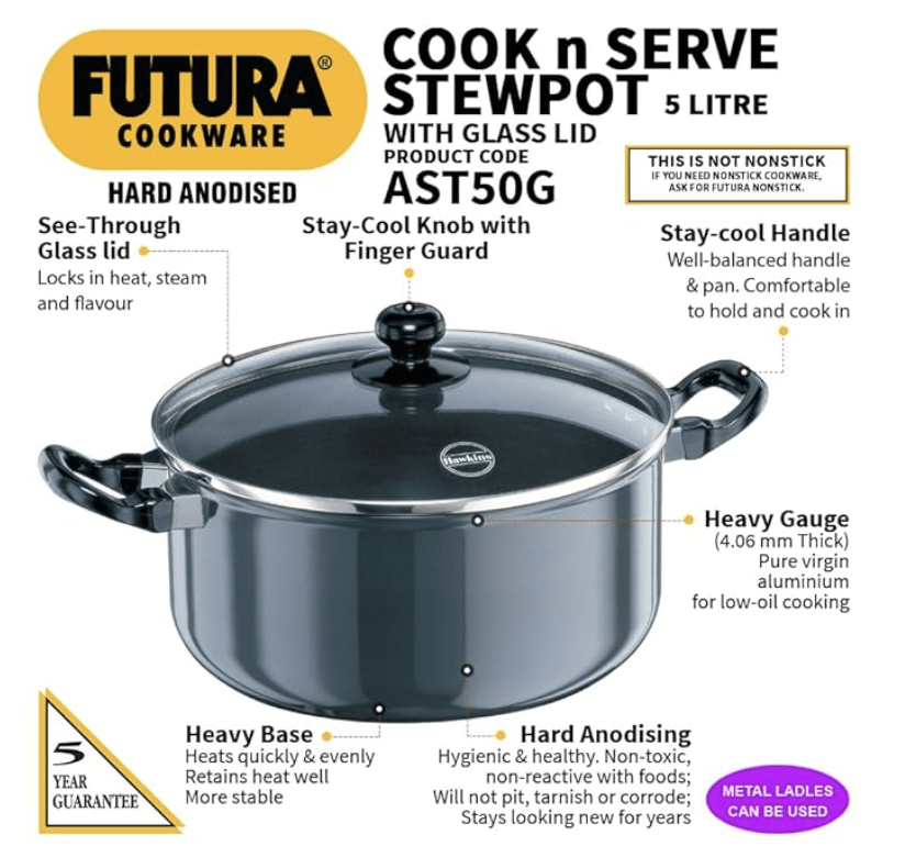 Hawkins Futura 5 Litre Cook n Serve Stewpot, Hard Anodised Sauce Pan with Glass Lid, Cooking Pot with Two Handles, Black (AST50G)-4