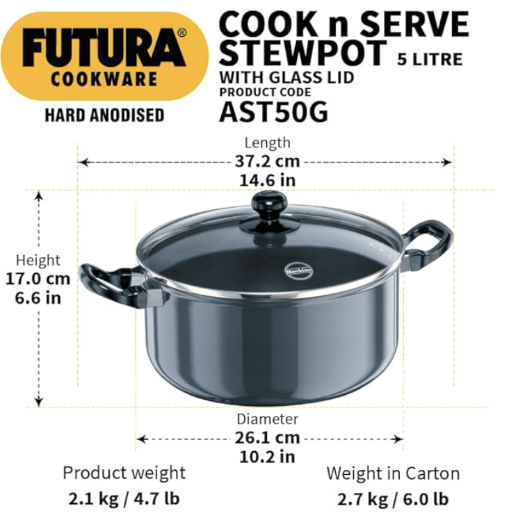Hawkins Futura 5 Litre Cook n Serve Stewpot, Hard Anodised Sauce Pan with Glass Lid, Cooking Pot with Two Handles, Black (AST50G)