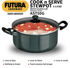 Hawkins Futura 5 Litre Cook n Serve Stewpot, Hard Anodised Sauce Pan with Glass Lid, Cooking Pot with Two Handles, Black (AST50G)-2