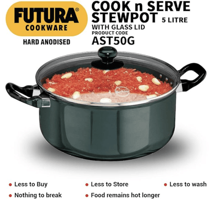 Hawkins Futura 5 Litre Cook n Serve Stewpot, Hard Anodised Sauce Pan with Glass Lid, Cooking Pot with Two Handles, Black (AST50G)