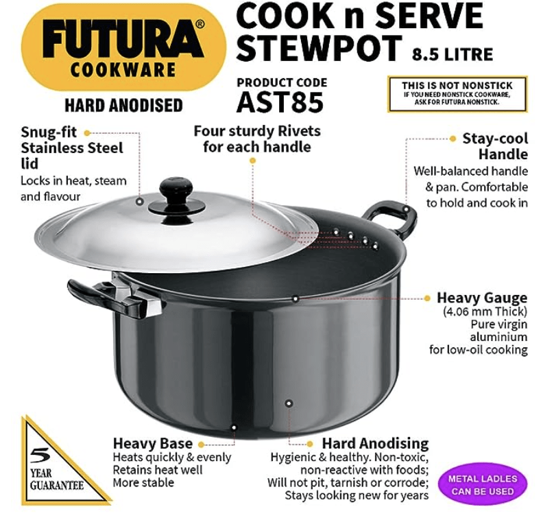 हॉकिन्स फ़्यूचरा हार्ड एनोडाइज़्ड कुक-एन-सर्व स्टूपॉट 8.5 लीटर, 28 सेमी, 4.06 मिमी, एल्युमीनियम, काला 