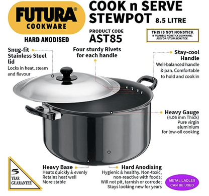 हॉकिन्स फ़्यूचरा हार्ड एनोडाइज़्ड कुक-एन-सर्व स्टूपॉट 8.5 लीटर, 28 सेमी, 4.06 मिमी, एल्युमीनियम, काला 