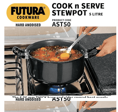 Hawkins Futura 5 Litre Cook n Serve Stewpot, Hard Anodised Sauce Pan with Stainless Steel Lid, Cooking Pot with Two Handles, Black (AST50)