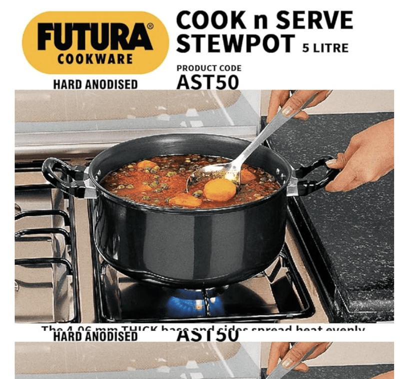 Hawkins Futura 5 Litre Cook n Serve Stewpot, Hard Anodised Sauce Pan with Stainless Steel Lid, Cooking Pot with Two Handles, Black (AST50)-3