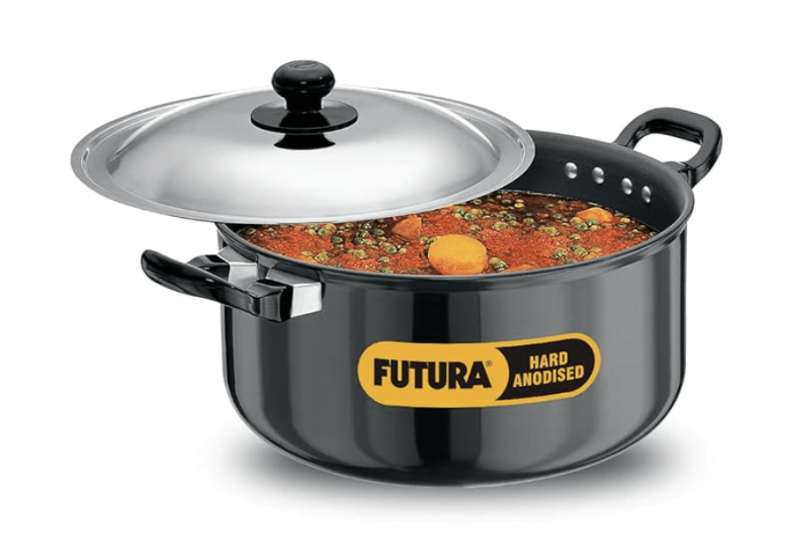 Hawkins Futura 5 Litre Cook n Serve Stewpot, Hard Anodised Sauce Pan with Stainless Steel Lid, Cooking Pot with Two Handles, Black (AST50)