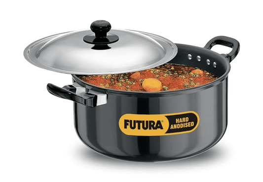 Hawkins Futura 5 Litre Cook n Serve Stewpot, Hard Anodised Sauce Pan with Stainless Steel Lid, Cooking Pot with Two Handles, Black (AST50)