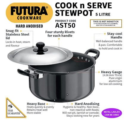 Hawkins Futura 5 Litre Cook n Serve Stewpot, Hard Anodised Sauce Pan with Stainless Steel Lid, Cooking Pot with Two Handles, Black (AST50)