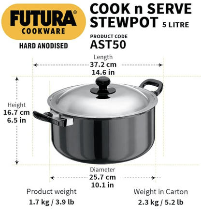 Hawkins Futura 5 Litre Cook n Serve Stewpot, Hard Anodised Sauce Pan with Stainless Steel Lid, Cooking Pot with Two Handles, Black (AST50)