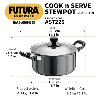 Hawkins Futura 2.25 Litre Cook n Serve Stewpot, Hard Anodised Sauce Pan with Stainless Steel Lid, Cooking Pot with Two Handles, Black (AST225)