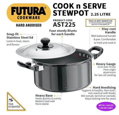 Hawkins Futura 2.25 Litre Cook n Serve Stewpot, Hard Anodised Sauce Pan with Stainless Steel Lid, Cooking Pot with Two Handles, Black (AST225)