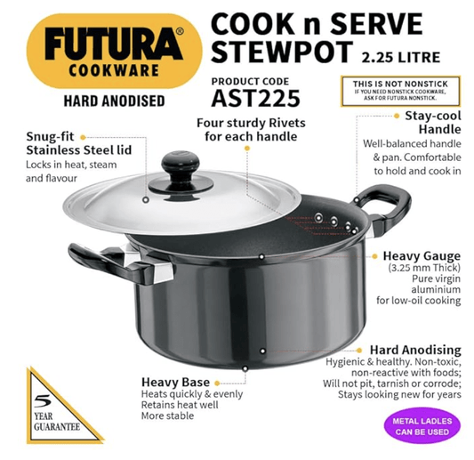 Hawkins Futura 2.25 Litre Cook n Serve Stewpot, Hard Anodised Sauce Pan with Stainless Steel Lid, Cooking Pot with Two Handles, Black (AST225)