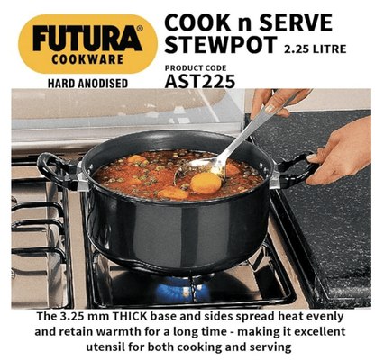 Hawkins Futura 2.25 Litre Cook n Serve Stewpot, Hard Anodised Sauce Pan with Stainless Steel Lid, Cooking Pot with Two Handles, Black (AST225)
