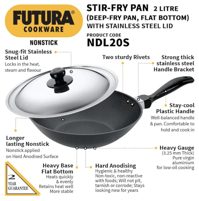 Hawkins Futura Nonstick Deep-Fry Pan (Stir-Fry Pan) 2 L, 26 cm, 3.25 mm with SS Lid (Black)