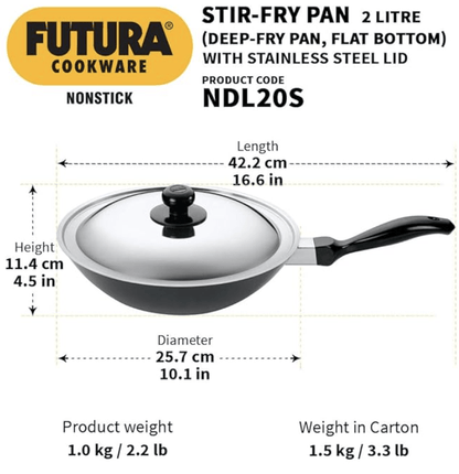 Hawkins Futura Nonstick Deep-Fry Pan (Stir-Fry Pan) 2 L, 26 cm, 3.25 mm with SS Lid (Black)