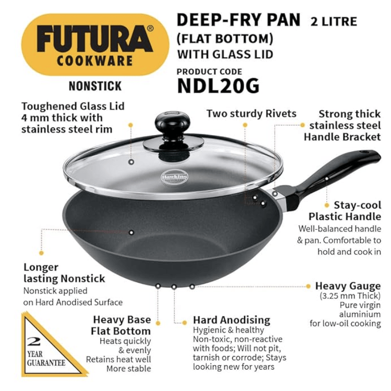Hawkins Futura Nonstick Stir-Fry Pan 2 L, 26 cm, 3.25 mm with Glass Lid (Black)