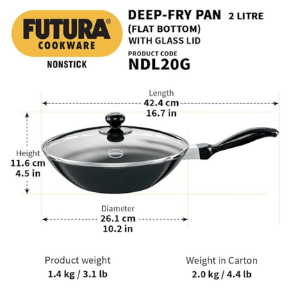 Hawkins Futura Nonstick Stir-Fry Pan 2 L, 26 cm, 3.25 mm with Glass Lid (Black)