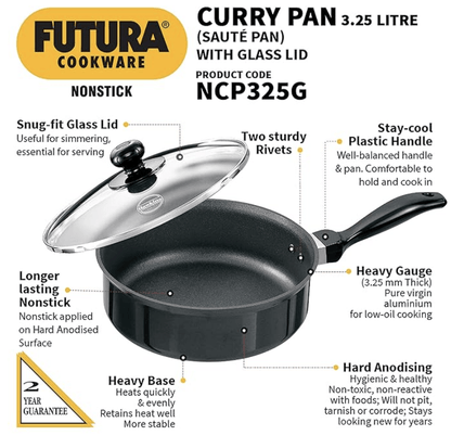 Hawkins Futura 3.25 Litre Curry Pan, Non Stick Saute Pan with Glass Lid, Deep Pan for Frying, Black (NCP325G)