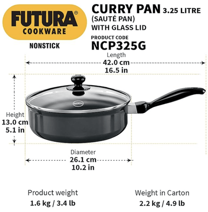 Hawkins Futura 3.25 Litre Curry Pan, Non Stick Saute Pan with Glass Lid, Deep Pan for Frying, Black (NCP325G)