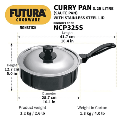 Hawkins Futura Nonstick Curry Pan (Saute Pan) 3.25 L, 24 cm, 3.25 mm with SS Lid (Black)