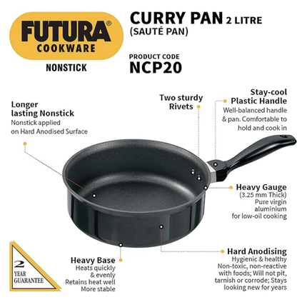 Hawkins Futura Nonstick Curry Pan (Saute Pan) 2 L, 20 cm, 3.25 mm (Black)