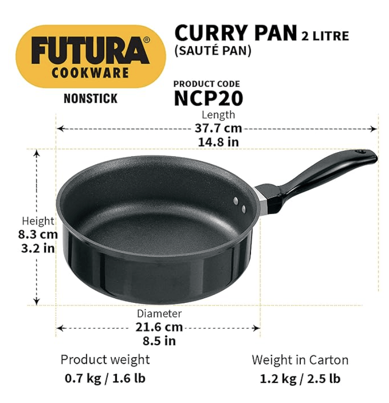 Hawkins Futura Nonstick Curry Pan (Saute Pan) 2 L, 20 cm, 3.25 mm (Black)