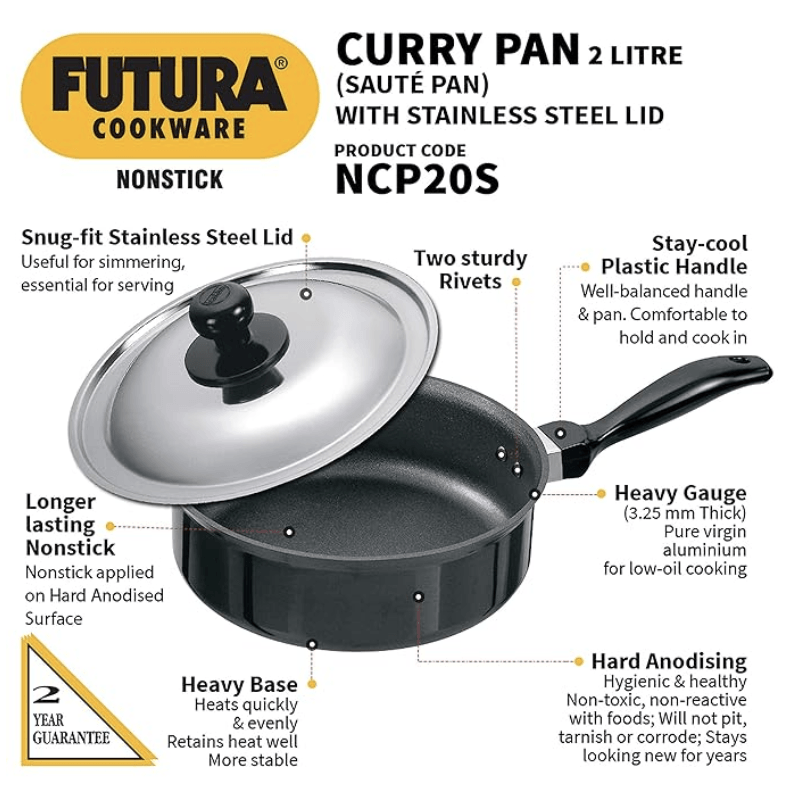 Hawkins Futura Nonstick Curry Pan (Saute Pan) 2 L, 20 cm, 3.25 mm with SS Lid (Black)