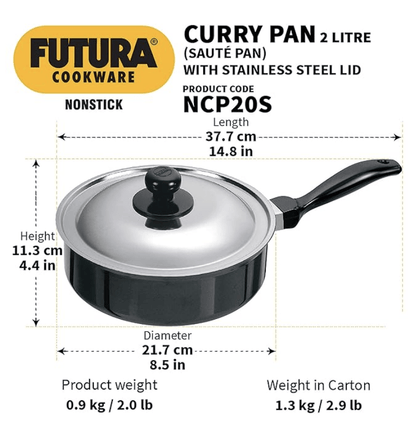 Hawkins Futura Nonstick Curry Pan (Saute Pan) 2 L, 20 cm, 3.25 mm with SS Lid (Black)