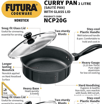 Hawkins Futura Nonstick Curry Pan (Saute Pan) 2 L, 20 cm, 3.25 mm with Glass Lid (Black)