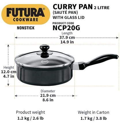 Hawkins Futura Nonstick Curry Pan (Saute Pan) 2 L, 20 cm, 3.25 mm with Glass Lid (Black)