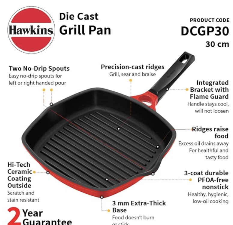 Hawkins 30 cm Grill Pan, Non Stick Die Cast Grilling Pan, Square Grill Pan for Gas Stove, Ceramic Coated Pan, Roast Pan, Red (DCGP30)