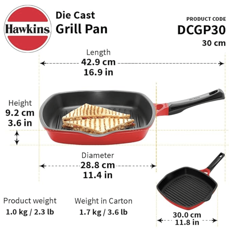 Hawkins 30 cm Grill Pan, Non Stick Die Cast Grilling Pan, Square Grill Pan for Gas Stove, Ceramic Coated Pan, Roast Pan, Red (DCGP30)-3