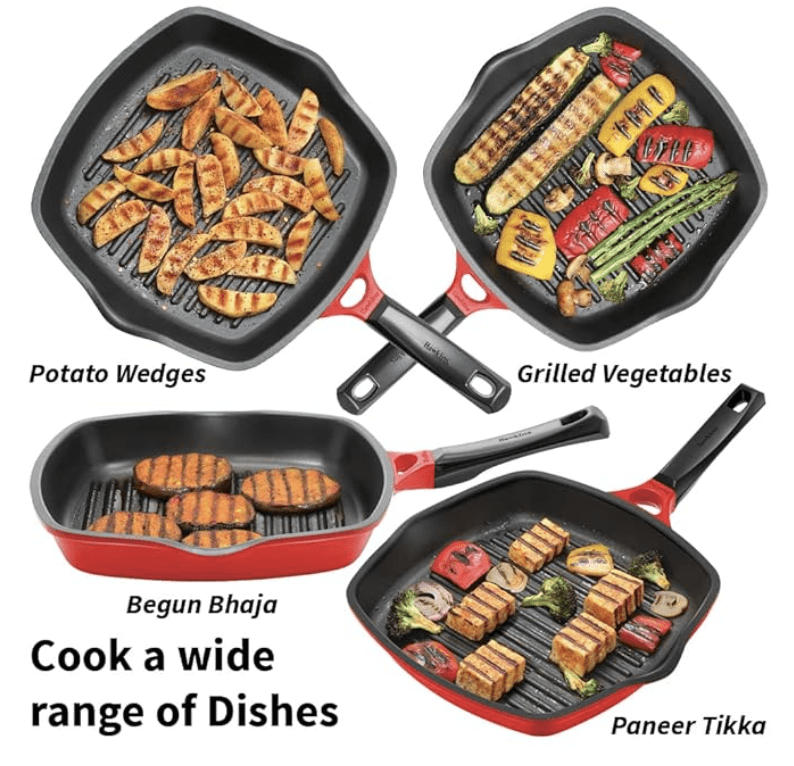 Hawkins 30 cm Grill Pan, Non Stick Die Cast Grilling Pan with Glass Lid, Square Grill Pan for Gas Stove, Ceramic Coated Pan, Roast Pan (DCGP30G) (Red)