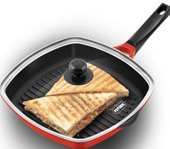 Hawkins 30 cm Grill Pan, Non Stick Die Cast Grilling Pan with Glass Lid, Square Grill Pan for Gas Stove, Ceramic Coated Pan, Roast Pan (DCGP30G) (Red)-1