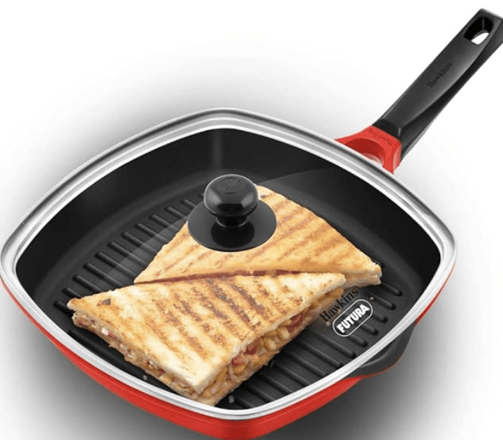 Hawkins 30 cm Grill Pan, Non Stick Die Cast Grilling Pan with Glass Lid, Square Grill Pan for Gas Stove, Ceramic Coated Pan, Roast Pan (DCGP30G) (Red)-1