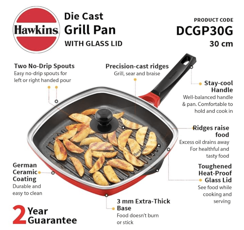 Hawkins 30 cm Grill Pan, Non Stick Die Cast Grilling Pan with Glass Lid, Square Grill Pan for Gas Stove, Ceramic Coated Pan, Roast Pan (DCGP30G) (Red)
