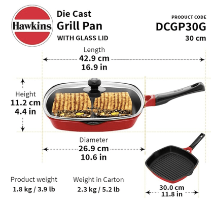 Hawkins 30 cm Grill Pan, Non Stick Die Cast Grilling Pan with Glass Lid, Square Grill Pan for Gas Stove, Ceramic Coated Pan, Roast Pan (DCGP30G) (Red)
