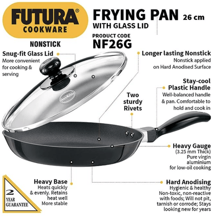 Hawkins Futura 26 cm Frying Pan, Non Stick Fry Pan with Glass Lid, Frypan, Black (NF26G)