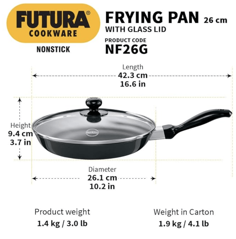 Hawkins Futura 26 cm Frying Pan, Non Stick Fry Pan with Glass Lid, Frypan, Black (NF26G)