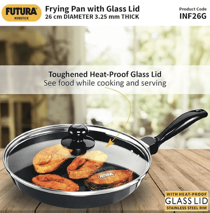 Hawkins Futura 26 cm Frying Pan, Nonstick Fry Pan with Glass Lid, Induction Non Stick Pan, Black (INF26G)