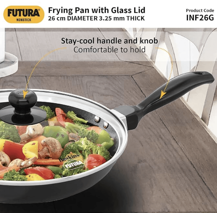 Hawkins Futura 26 cm Frying Pan, Nonstick Fry Pan with Glass Lid, Induction Non Stick Pan, Black (INF26G)