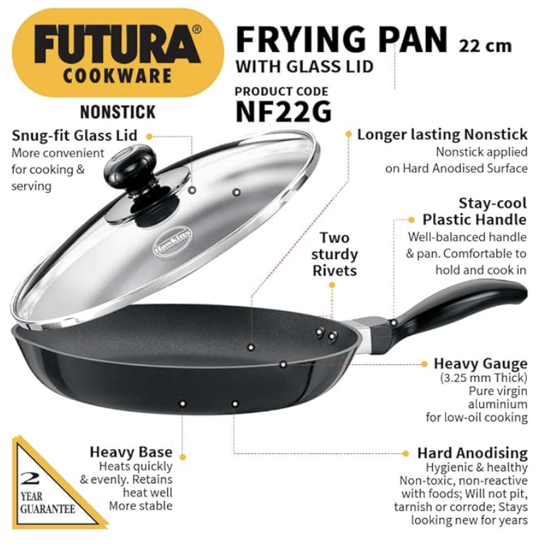 Hawkins Futura 22 cm Frying Pan, Non Stick Fry Pan with Glass Lid, Small Frying Pan, Black (NF22G)