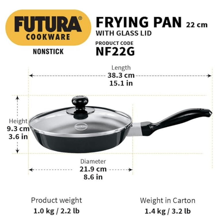 Hawkins Futura 22 cm Frying Pan, Non Stick Fry Pan with Glass Lid, Small Frying Pan, Black (NF22G)