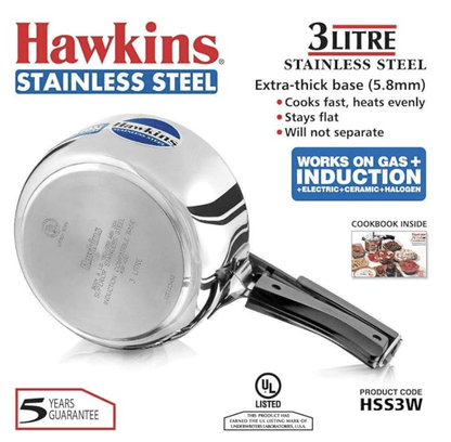 Hawkins 3 Litre Pressure Cooker, Stainless Steel Cooker, Wide Design Pan Cooker, Induction Cooker, Silver (HSS3W)