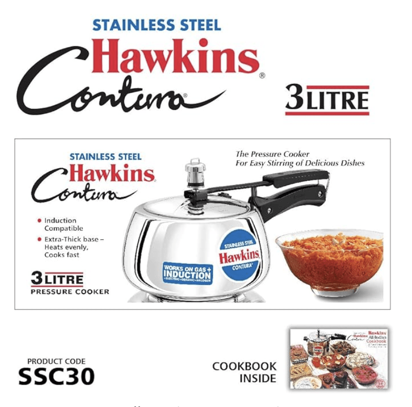 Stainless Steel Hawkins Contura 3 Litre Pressure Cooker Induction Compatible